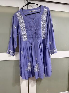 Embroidered 100% Cotton Periwinkle Light blue Lavender Tunic Top Embroidery